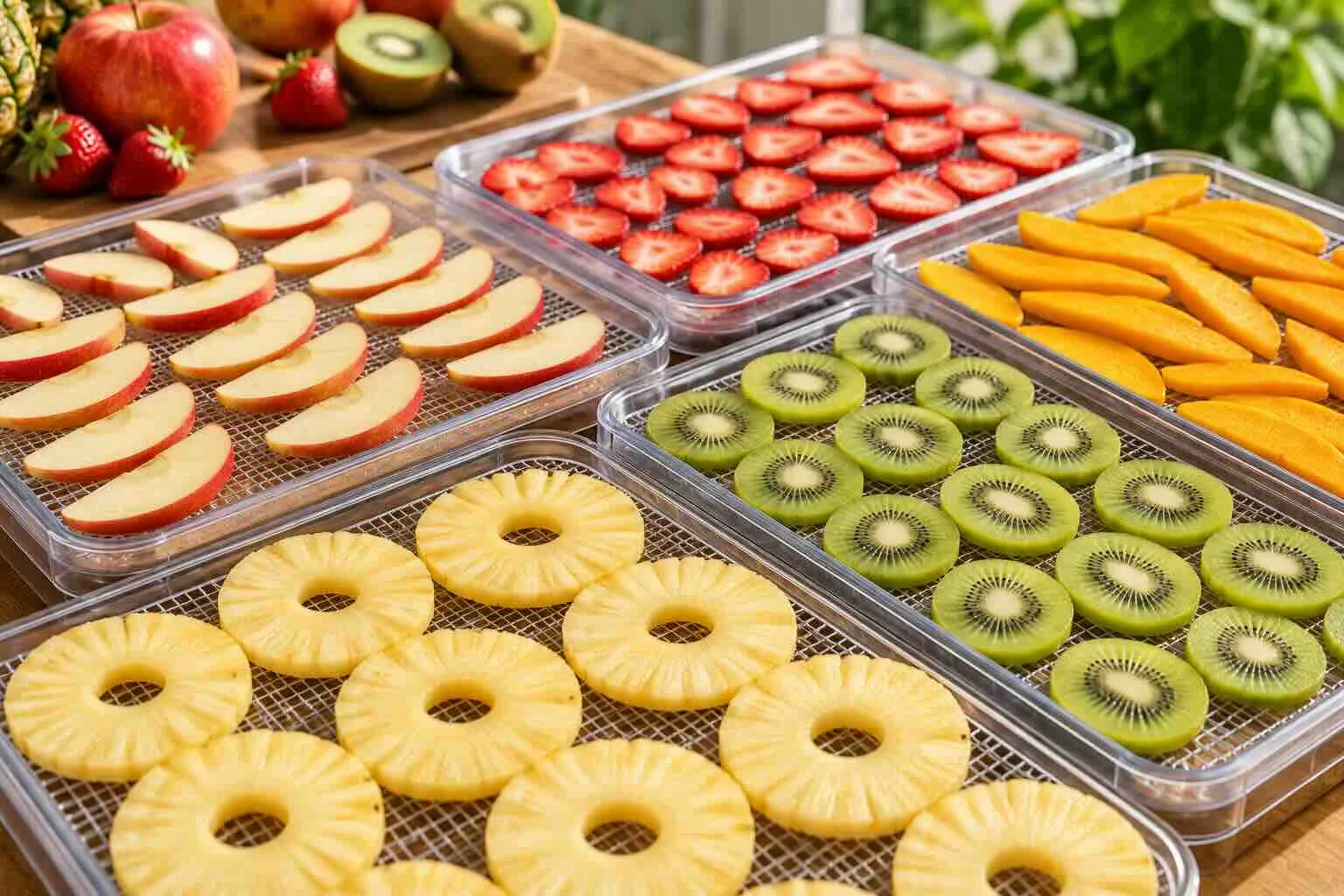 Fresh fruit slices laid out on dehydrator trays