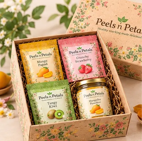 Floral kraft gift box with four pouches and a jar