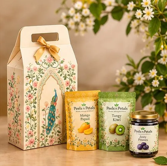 Floral hamper bag with pouches and a jar