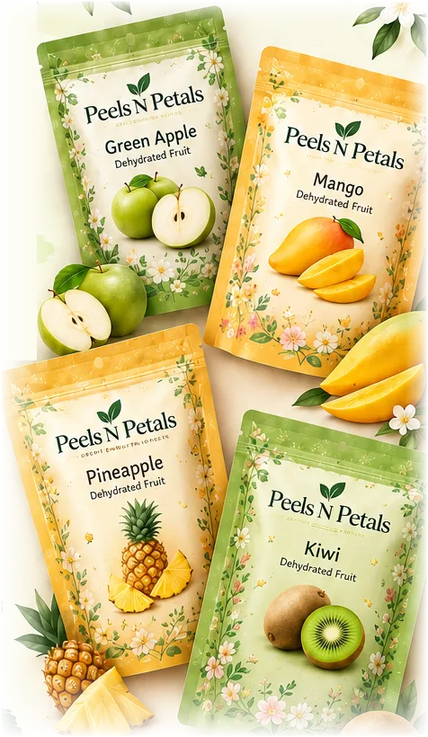 Peels N Petals pouches of green apple, mango, pineapple and kiwi