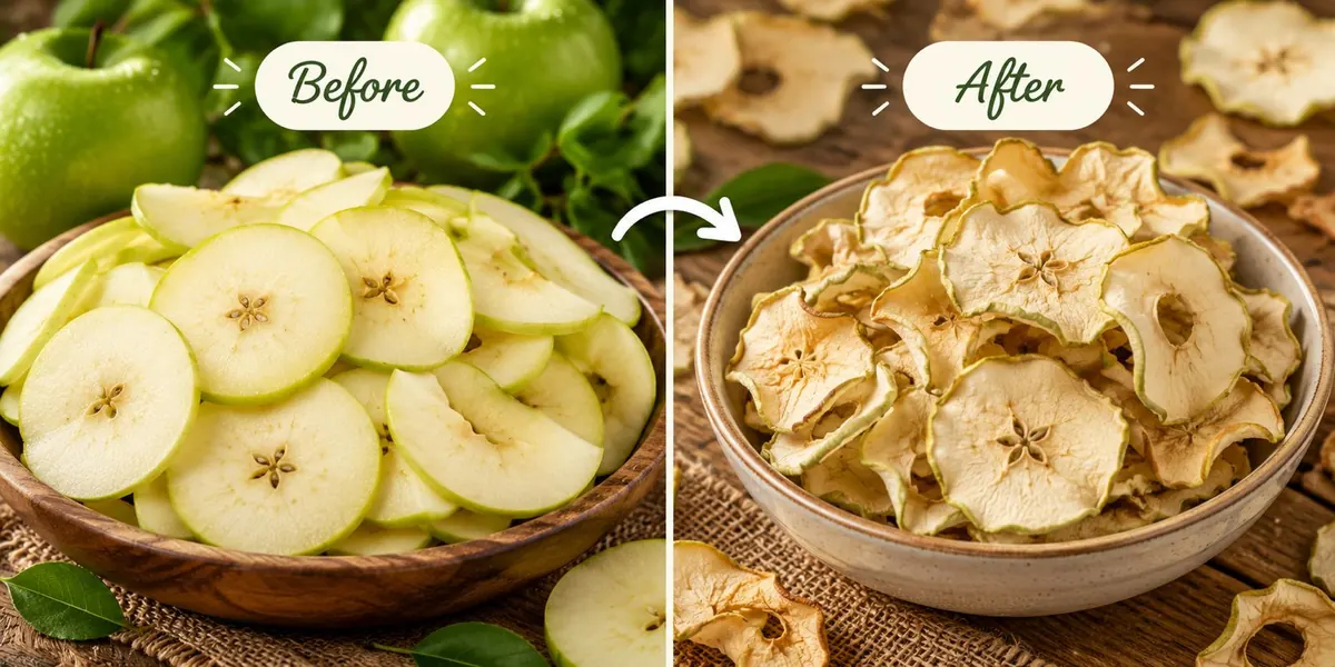 Fresh green apple slices, and crisp dried apple rings