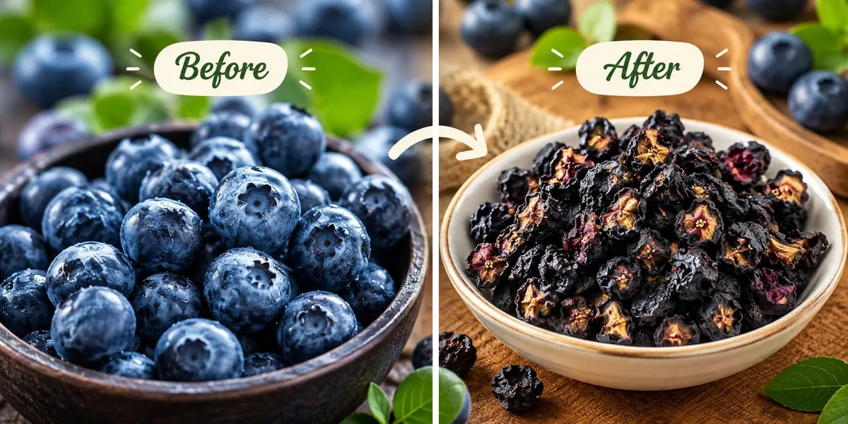 Fresh blueberries, and dried blueberries in a bowl