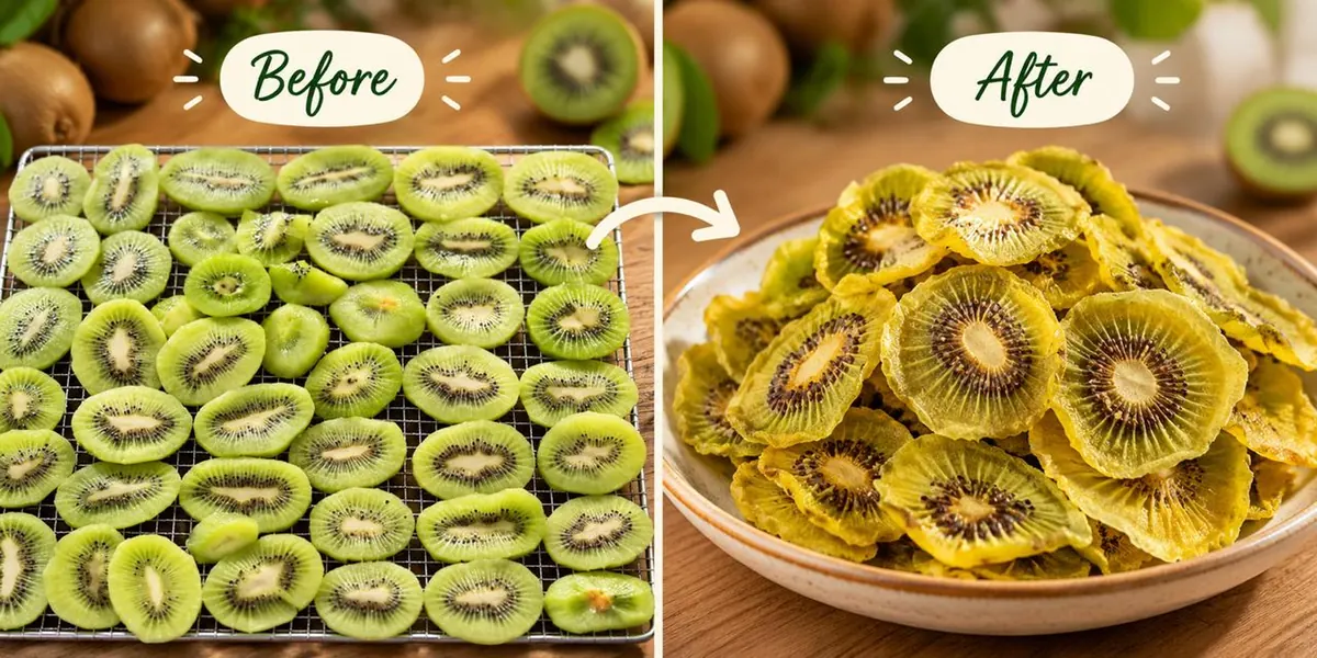 Fresh kiwi slices on a drying rack, and dried kiwi chips in a bowl