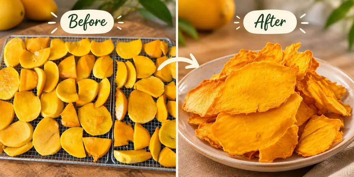 Fresh mango slices on a drying rack, and the same mango after slow drying