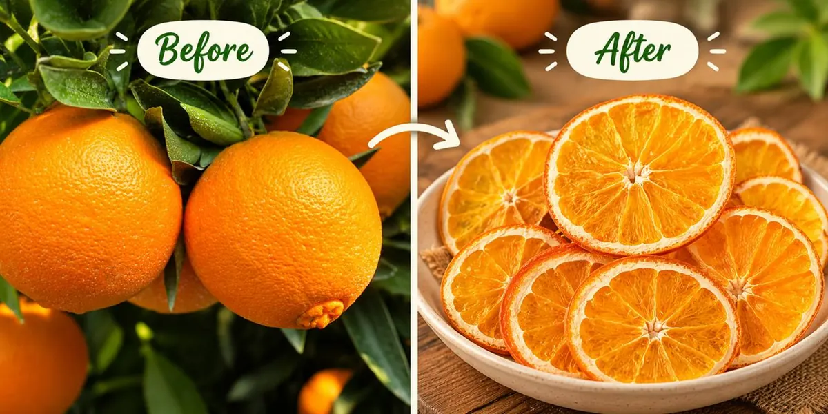 Fresh oranges on the tree, and dried orange slices in a bowl