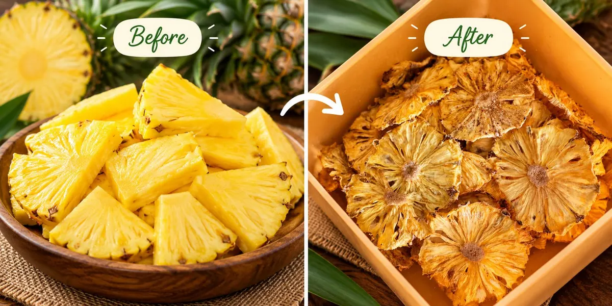 Fresh pineapple pieces, and dried pineapple rings