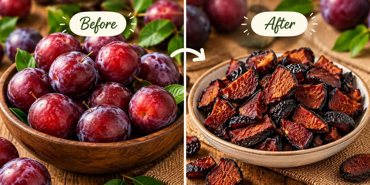 Fresh plums, and the same plums dried into prunes