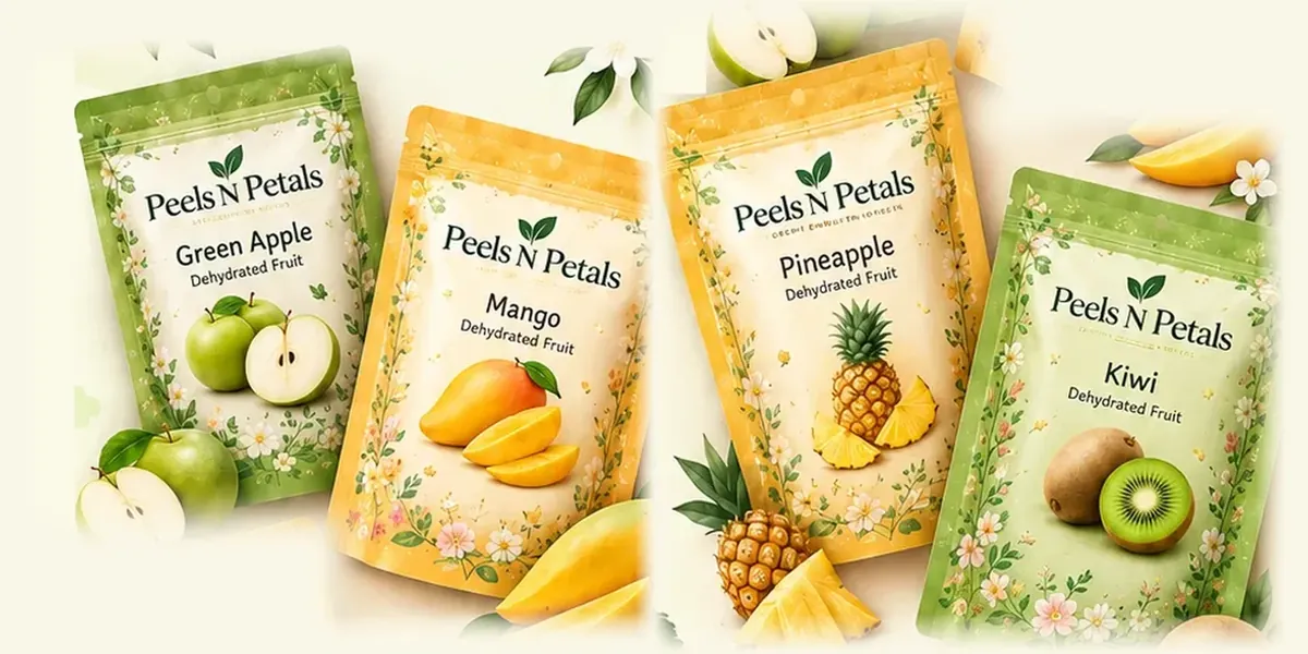 Peels N Petals pouches of green apple, mango, pineapple and kiwi